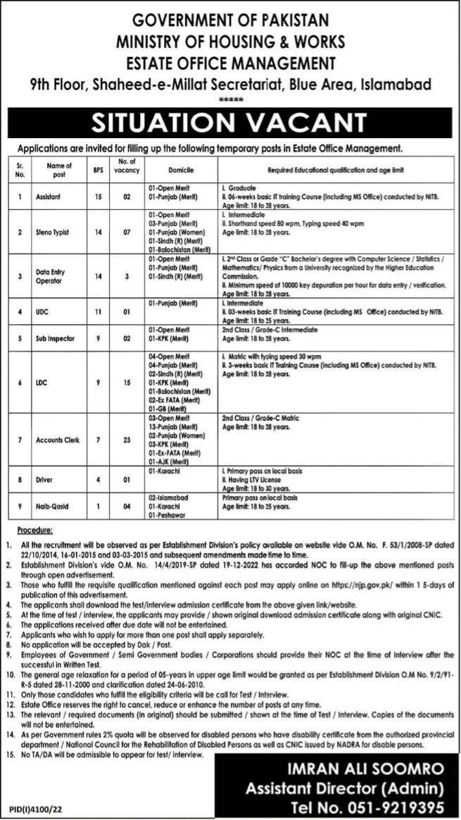 Ministry of Housing and Works Estate Office Management Jobs [2023]